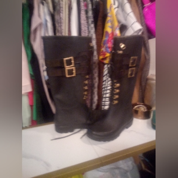 Tory Burch Goth Tall calf length rubber rain combat boots black gold lace up - Picture 4 of 16